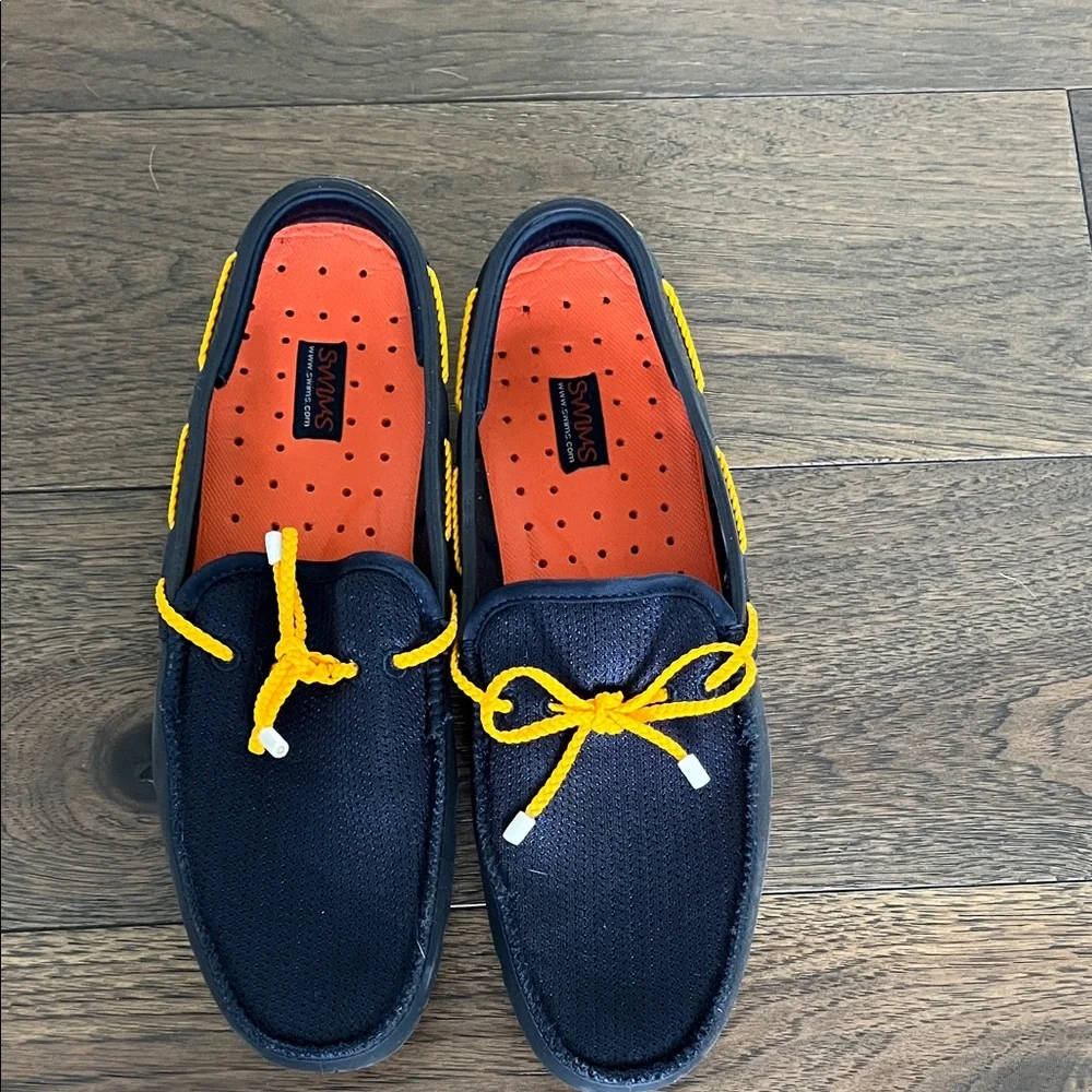 Swims Navy Boat Shoes with Bright Yellow Laces